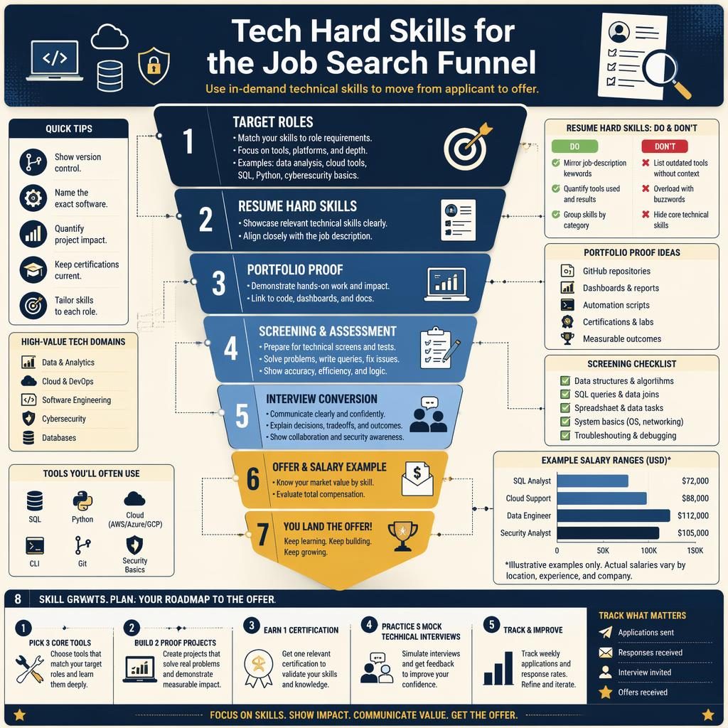 Editorial infographic showing a tech job search funnel with panels, icons, checklist, salary example chart, and navy cream layout.