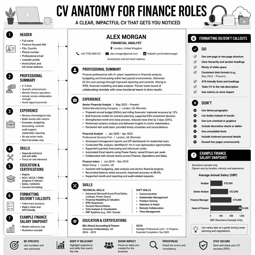 Monochrome Infografik im LinkedIn-Stil zur CV-Anatomie für Finance-Rollen mit 7 beschrifteten Abschnitten und Gehaltsgrafik.