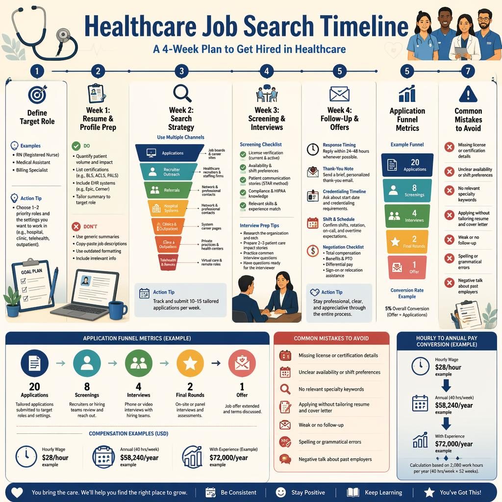 Editorial infographic showing a 7-step healthcare job search timeline, funnel metrics, icons, and an hourly pay conversion chart.