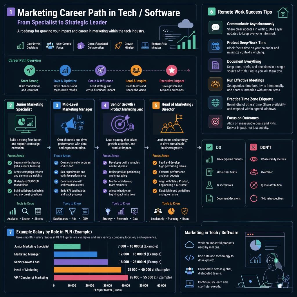 Dark pastel infographic poster showing a tech marketing career ladder, remote work tips, do and don't list, and example PLN salary bar chart.