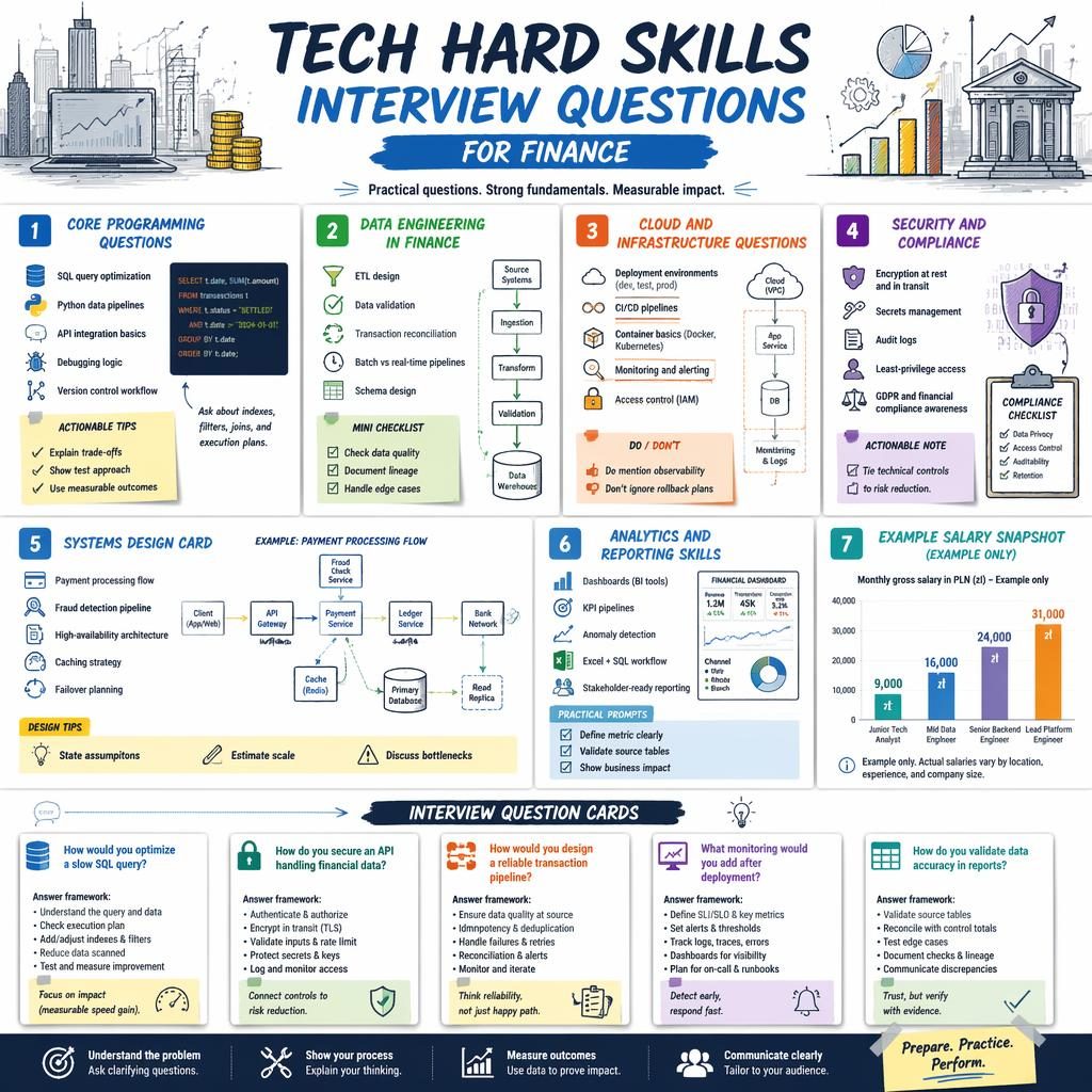 Portrait finance tech interview infographic with 7 sketchnote sections, cards, charts, icons, flow diagrams, and example PLN salaries.
