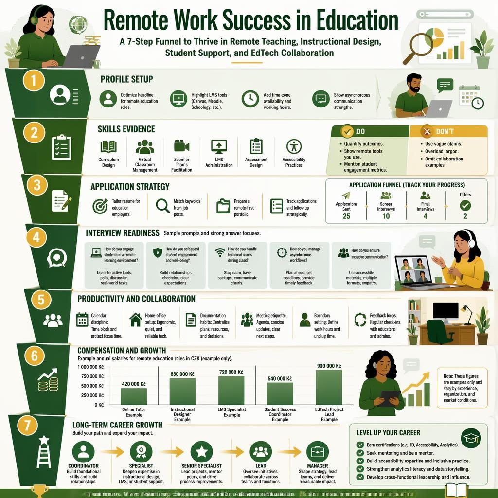 Green and gold education career funnel infographic with 7 sections, icons, charts, remote work tips, and example CZK salaries.