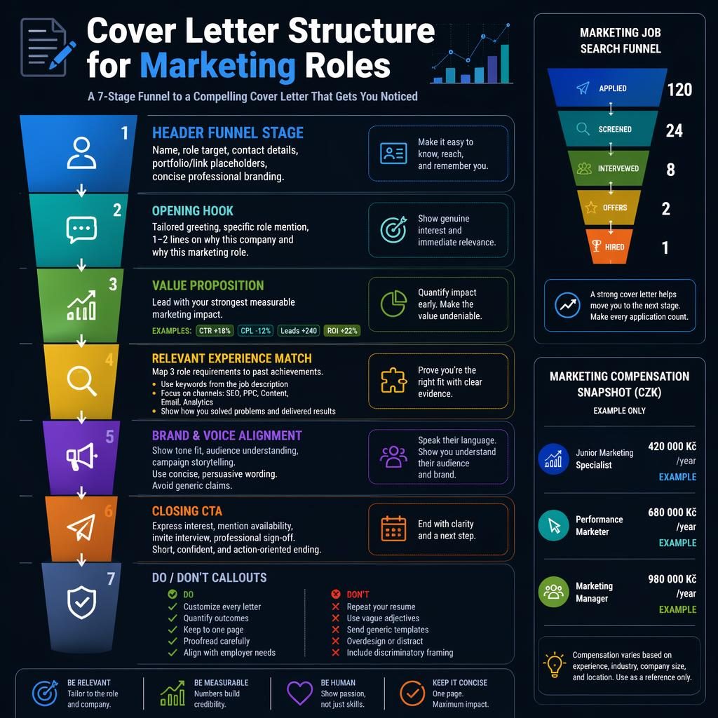 Infografía editorial en modo oscuro sobre estructura de carta de presentación para marketing con 7 secciones, embudo, iconos y métricas.