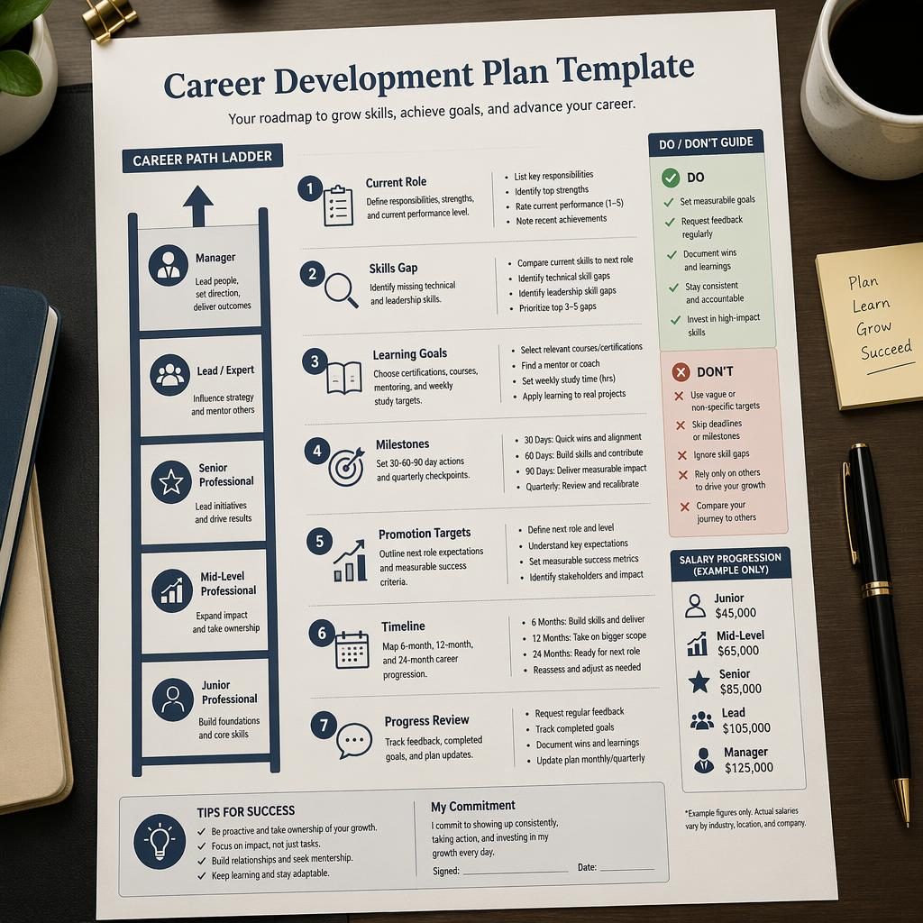 Photorealistic office desk infographic showing a career development plan template with a 7-step ladder from junior to manager.