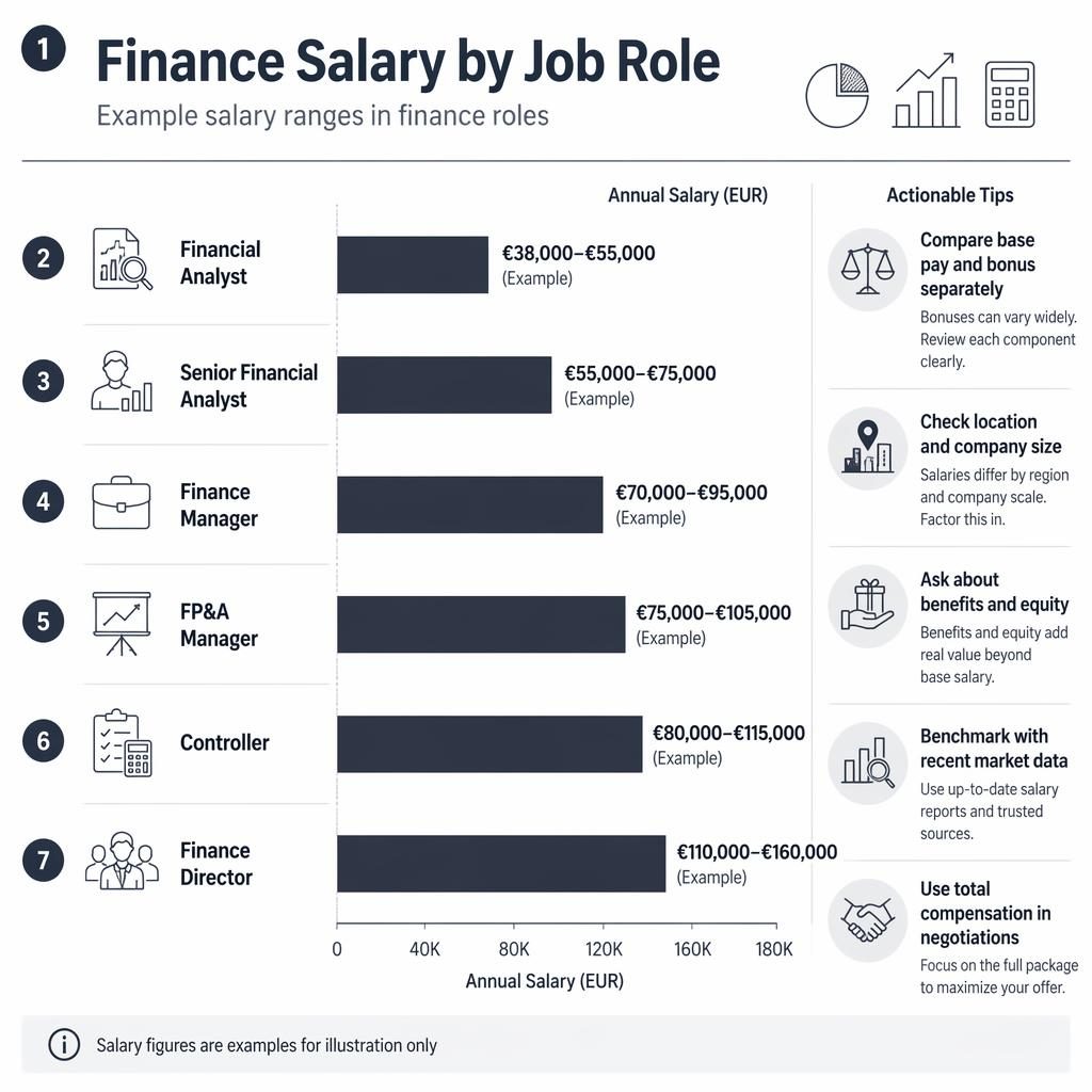 Monochrome LinkedIn-style infographic showing finance salary by job role with seven EUR bar chart ranges and tip callouts.