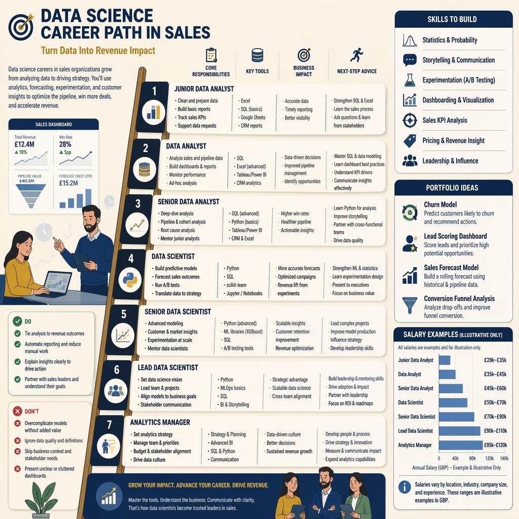 Career ladder infographic showing 7 data science roles in sales, side panels for skills, portfolio ideas, and example salary bars.
