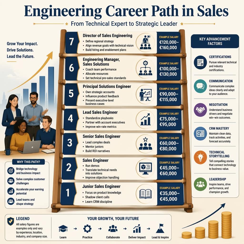 Editorial infographic of a 7-step sales engineering ladder with salaries, tips, side callouts, icons, and organigram salary motifs.