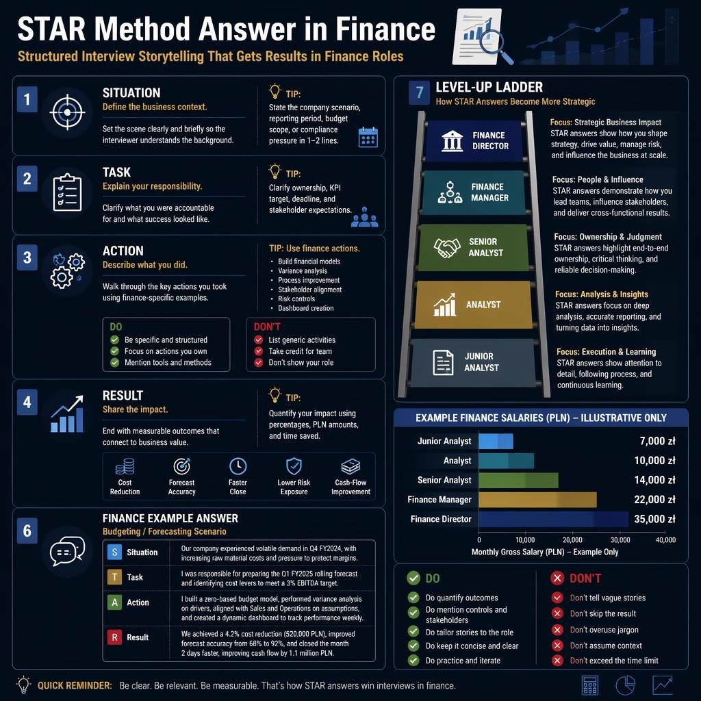 Dunkle Karriere-Infografik mit vertikaler Leiter von Junior Analyst bis Finance Director und STAR-Methode für Finance-Interviews.