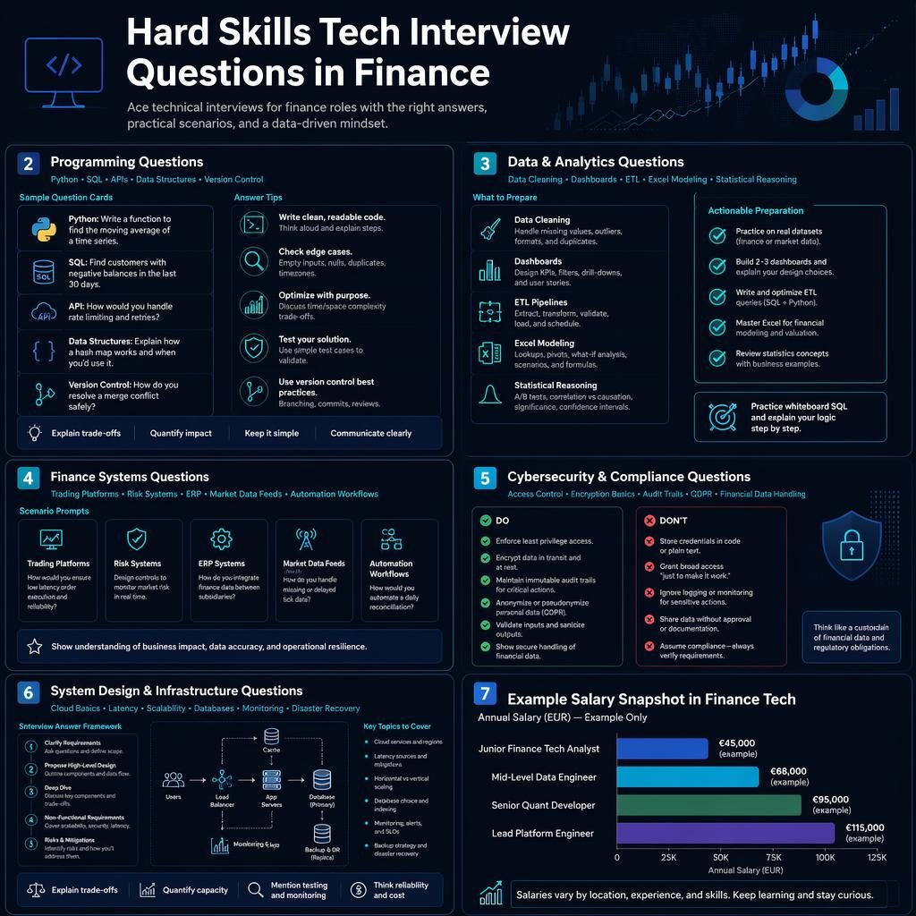 Dark mode finance tech infographic with 7 interview question sections, sample tips, and an example salary chart panel.
