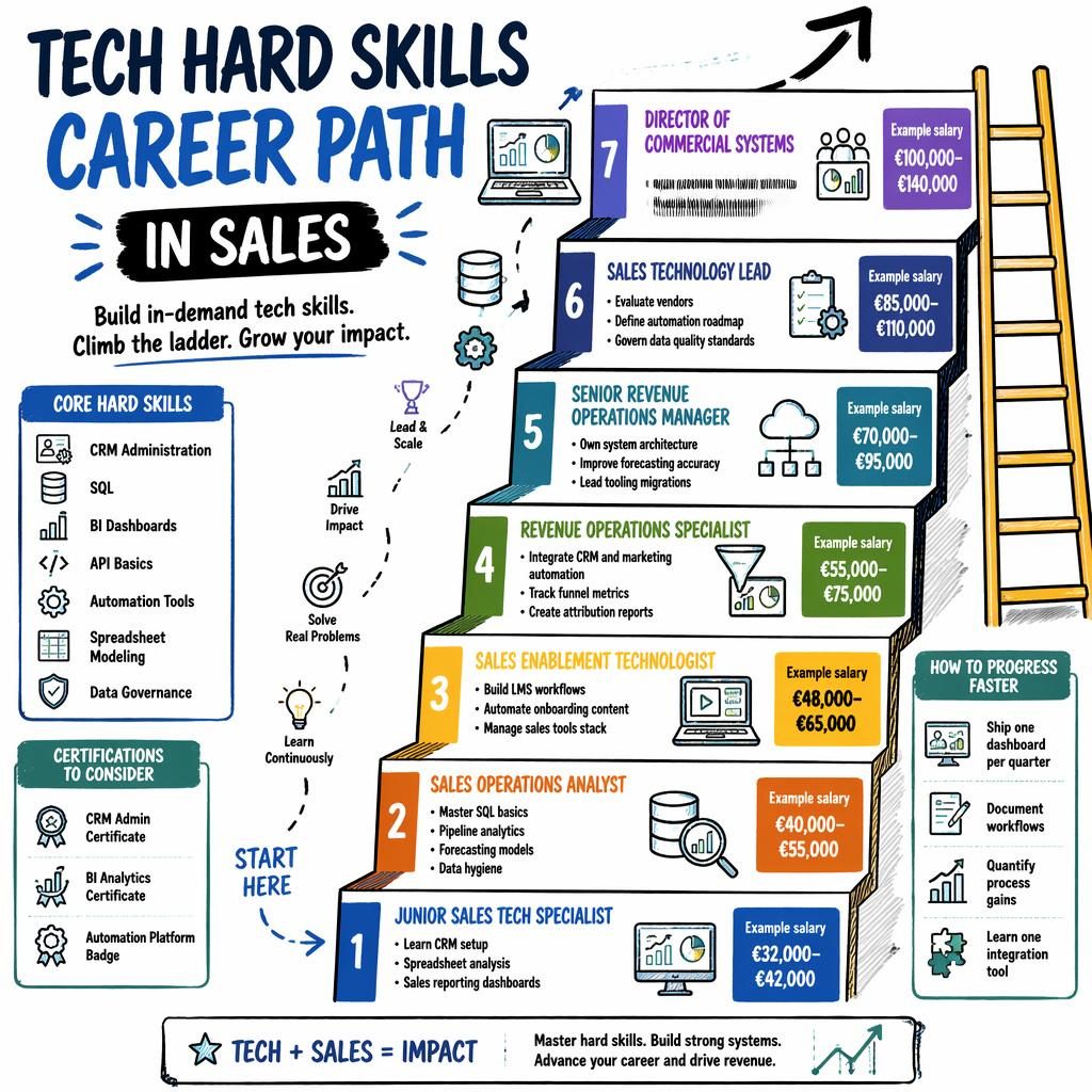 Sketchnote ladder infographic showing 7 tech sales career stages, example salary bars, hard skills, certifications, and tools.