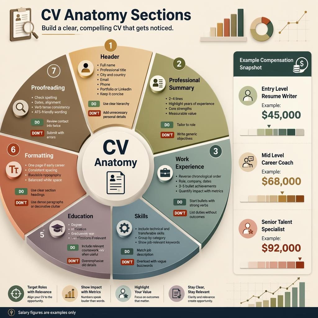 Isometric 3D resume infographic wheel labeled CV Anatomy with 7 sections, do/don't tags, and example salary panel.