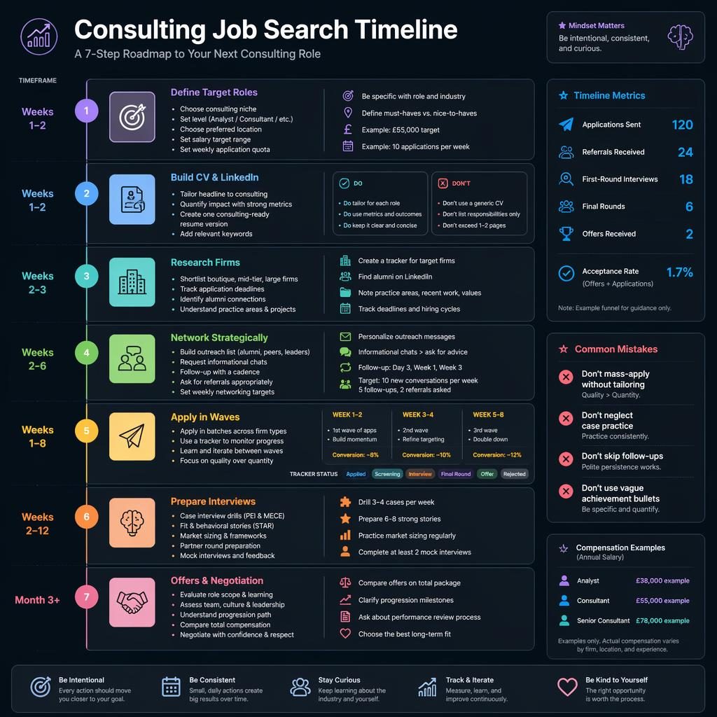 Dark pastel consulting job search timeline infographic with 7 milestone sections, metrics panel, mistakes panel, and UI cards.