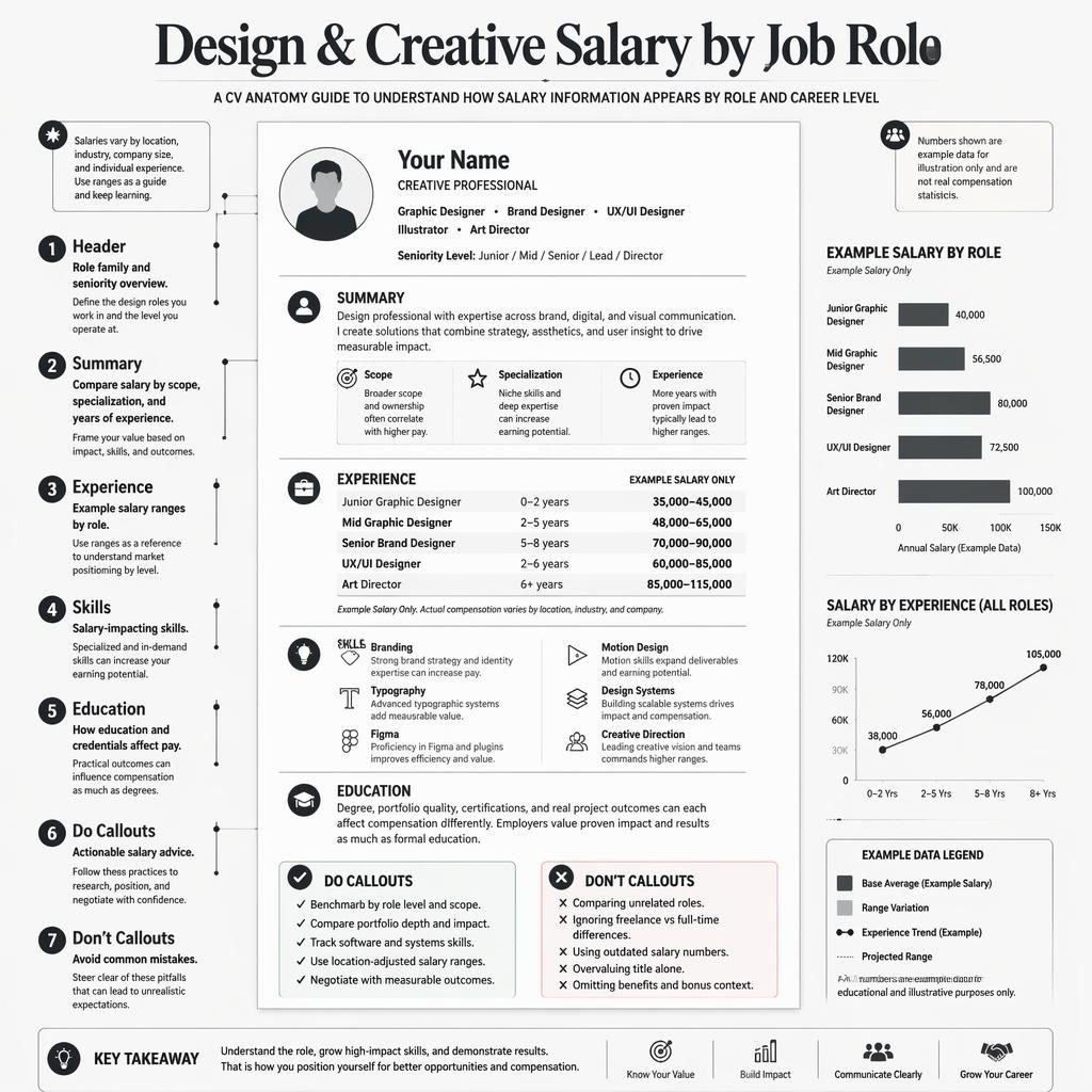Infografía monocroma tipo CV con 7 secciones sobre salarios por rol creativo, rangos de ejemplo, consejos y comparativas.