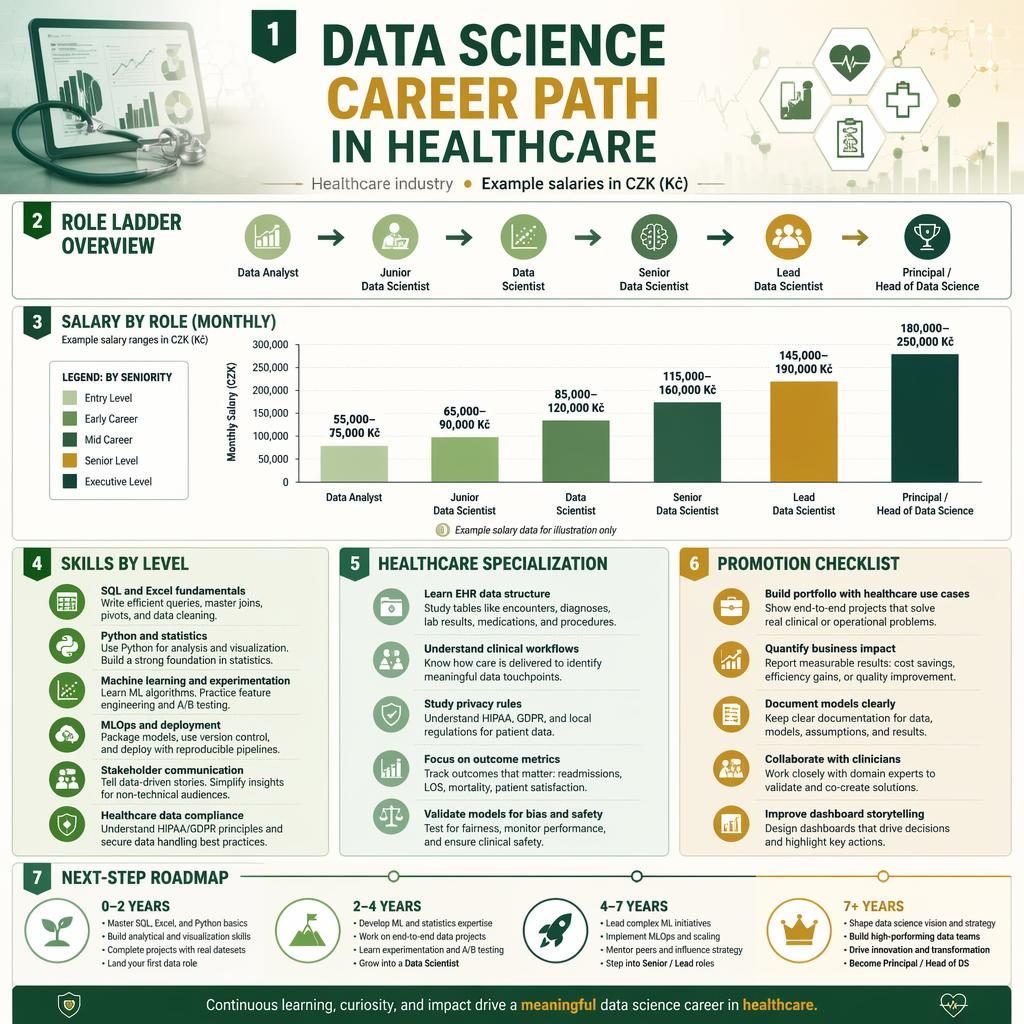 Infographic on healthcare data science career path with salary-by-role bar chart in CZK, skills, roadmap, and tips.