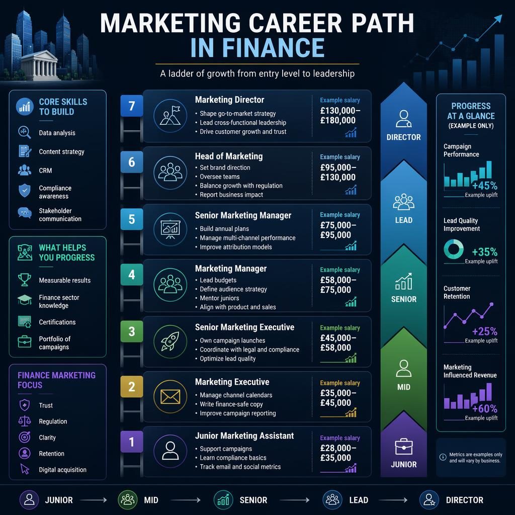 Infographie verticale en mode sombre montrant une échelle de carrière marketing en finance, de junior à director, avec 7 niveaux.