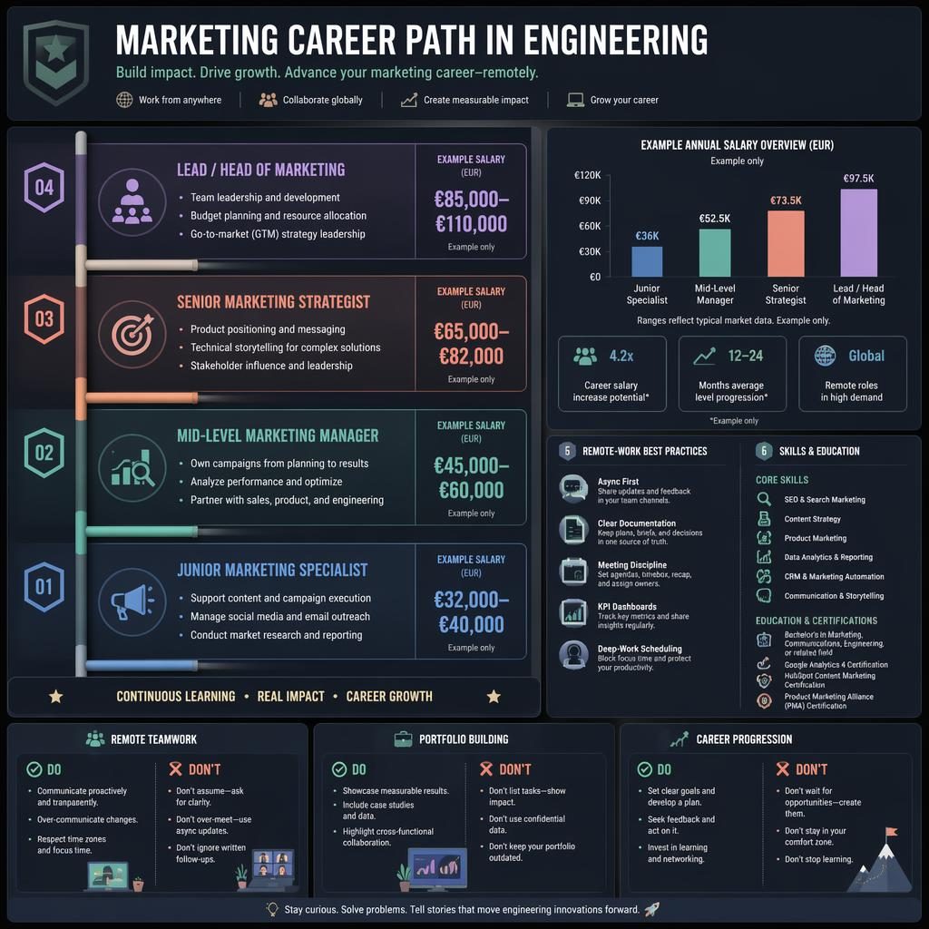 Dark pastel infographic shows a marketing career path in engineering as a vertical ladder with 7 remote-work panels.