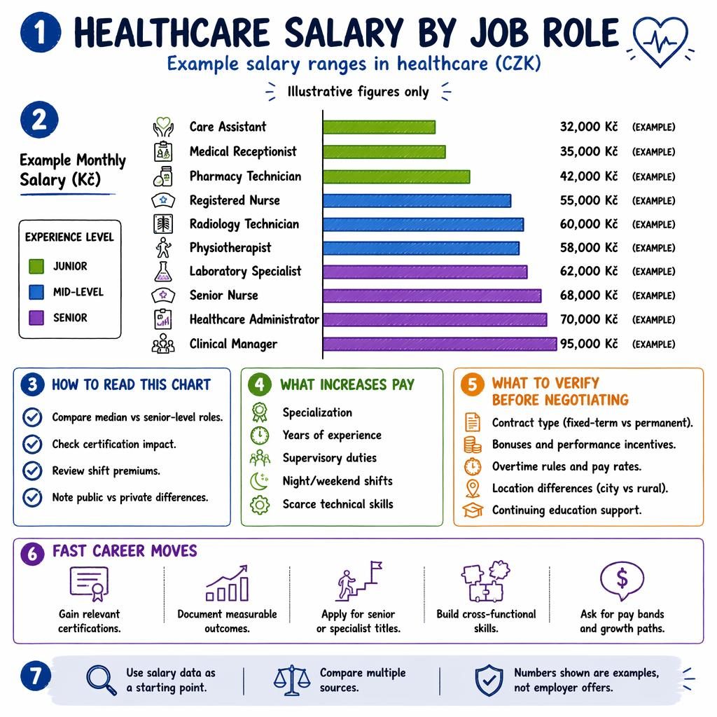 Vertical sketchnote-style infographic showing example healthcare salaries by job role in CZK with bars, icons, tips, and legend.