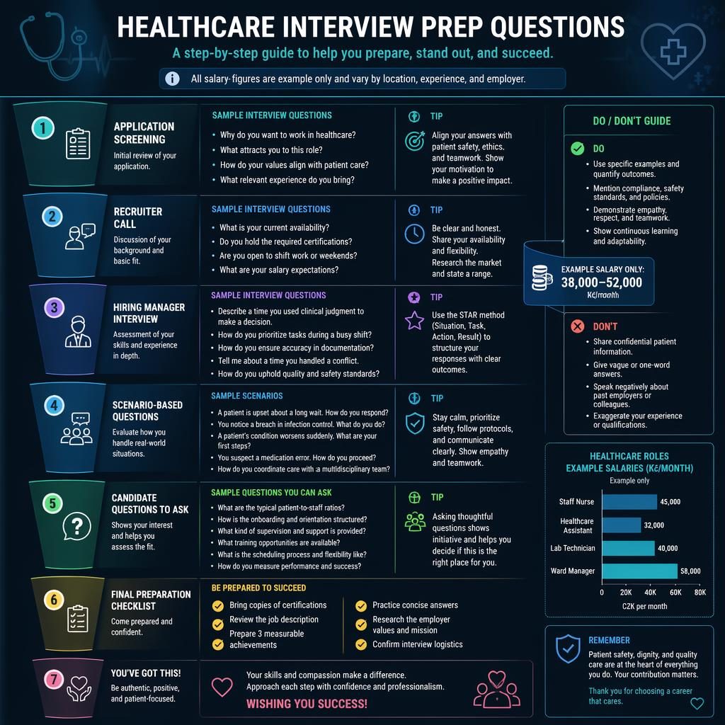 Dark mode healthcare interview prep infographic with 7 funnel stages, sample questions, checklist, and example CZK salary charts.
