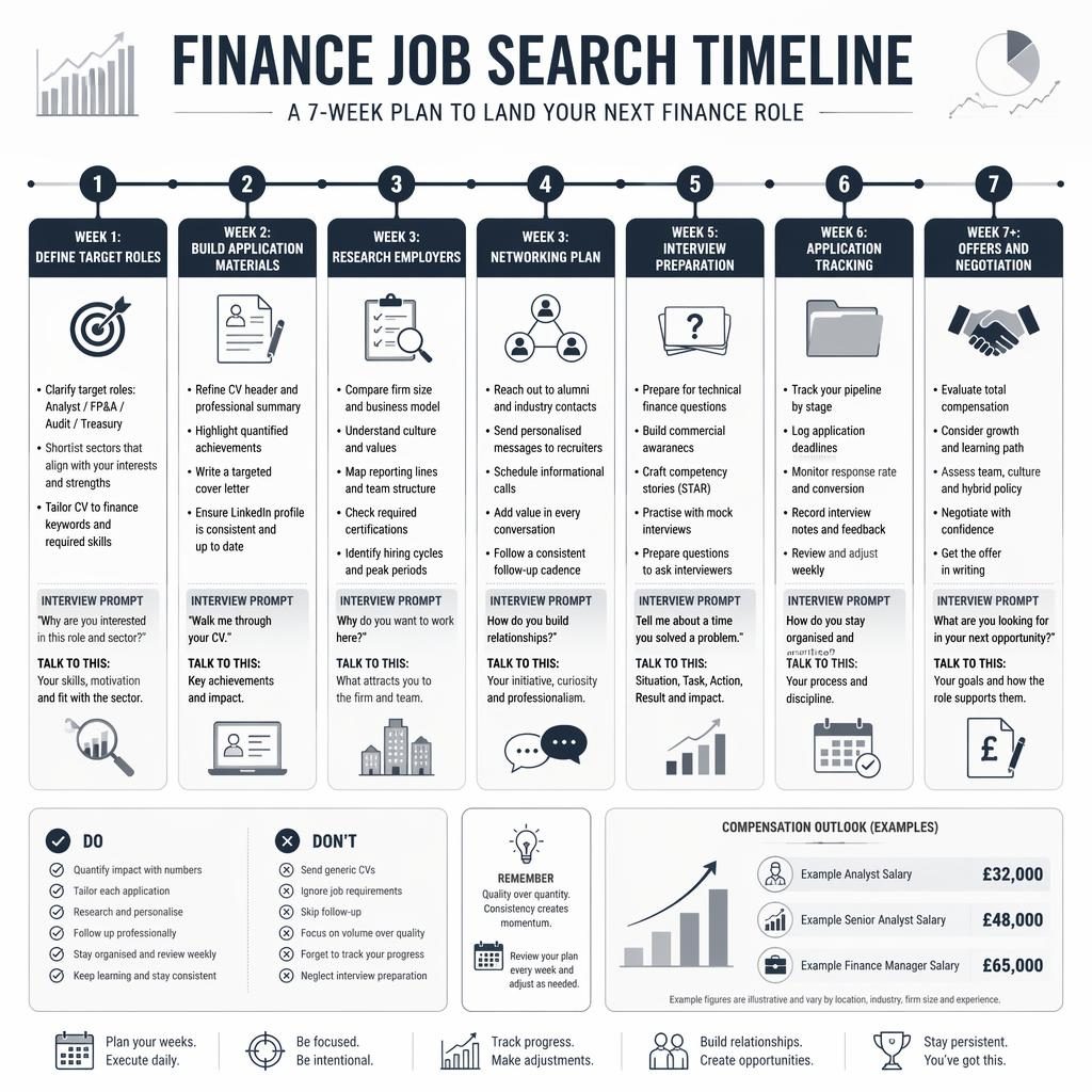 Monochrome finance job search timeline infographic with 7 weekly cards, salary examples, checklists, charts, and interview tips.