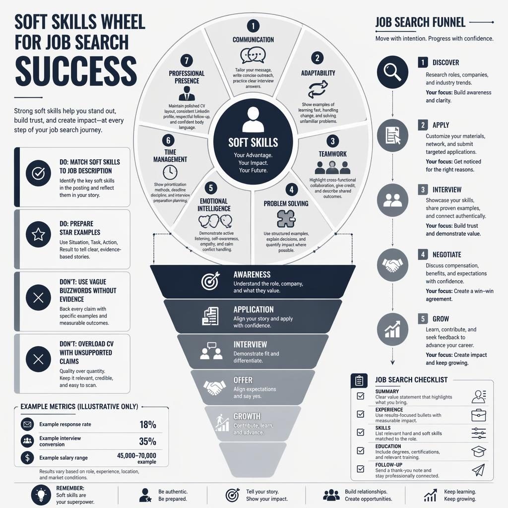 Monochrome LinkedIn-style career infographic with a soft skills wheel linked to a vertical job search funnel and tip panels.