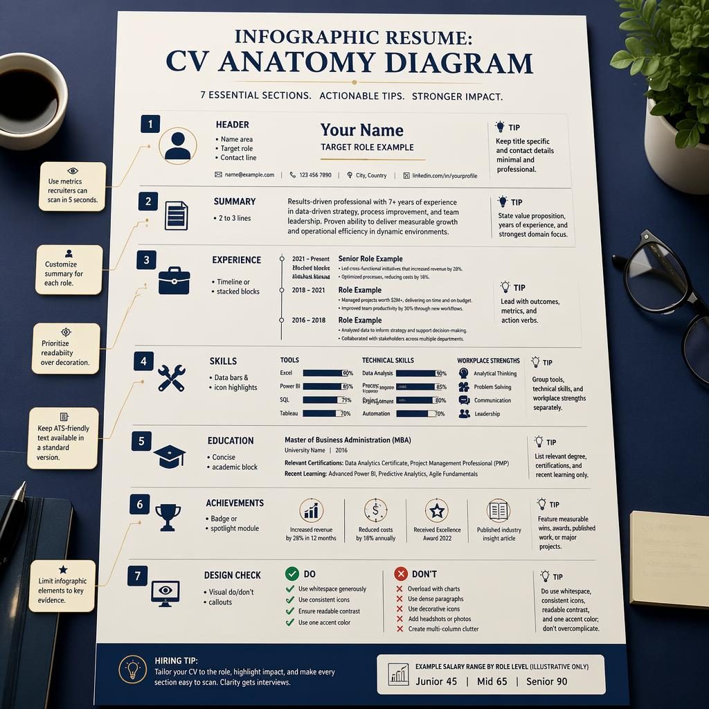 Printed infographic resume CV anatomy diagram on a clean desk with seven labeled sections, navy and cream poster layout.