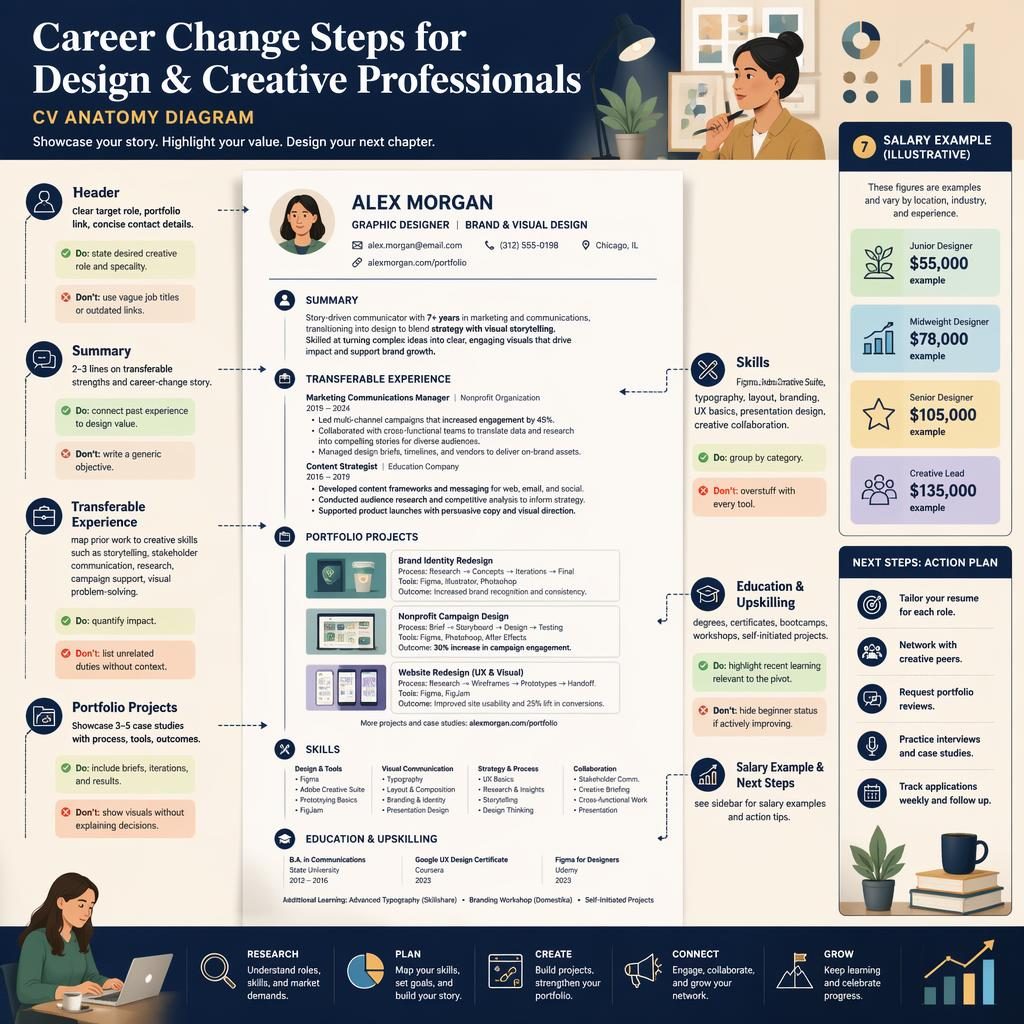 Editorial infographic showing a resume anatomy diagram for creative career changes with 7 labeled sections, do and don't callouts, and salary examples.