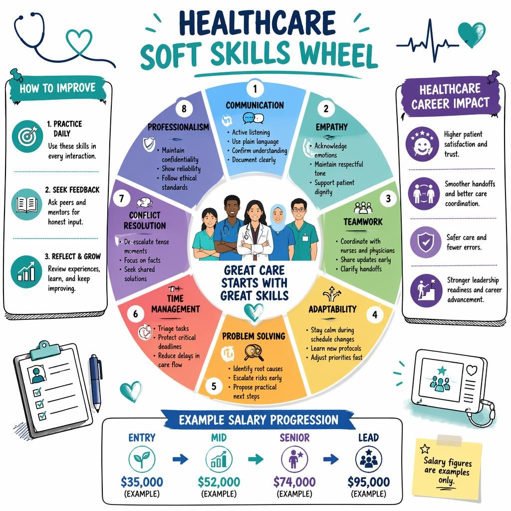 Sketchnote healthcare soft skills wheel infographic with 8 labeled segments, callout panels, and example salary progression.