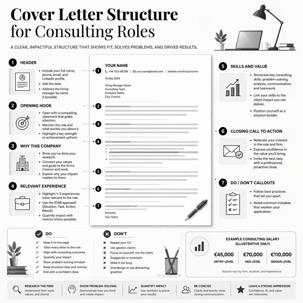 Infographie monochrome style éditorial LinkedIn montrant 7 sections d’une lettre de motivation pour le conseil avec icônes.