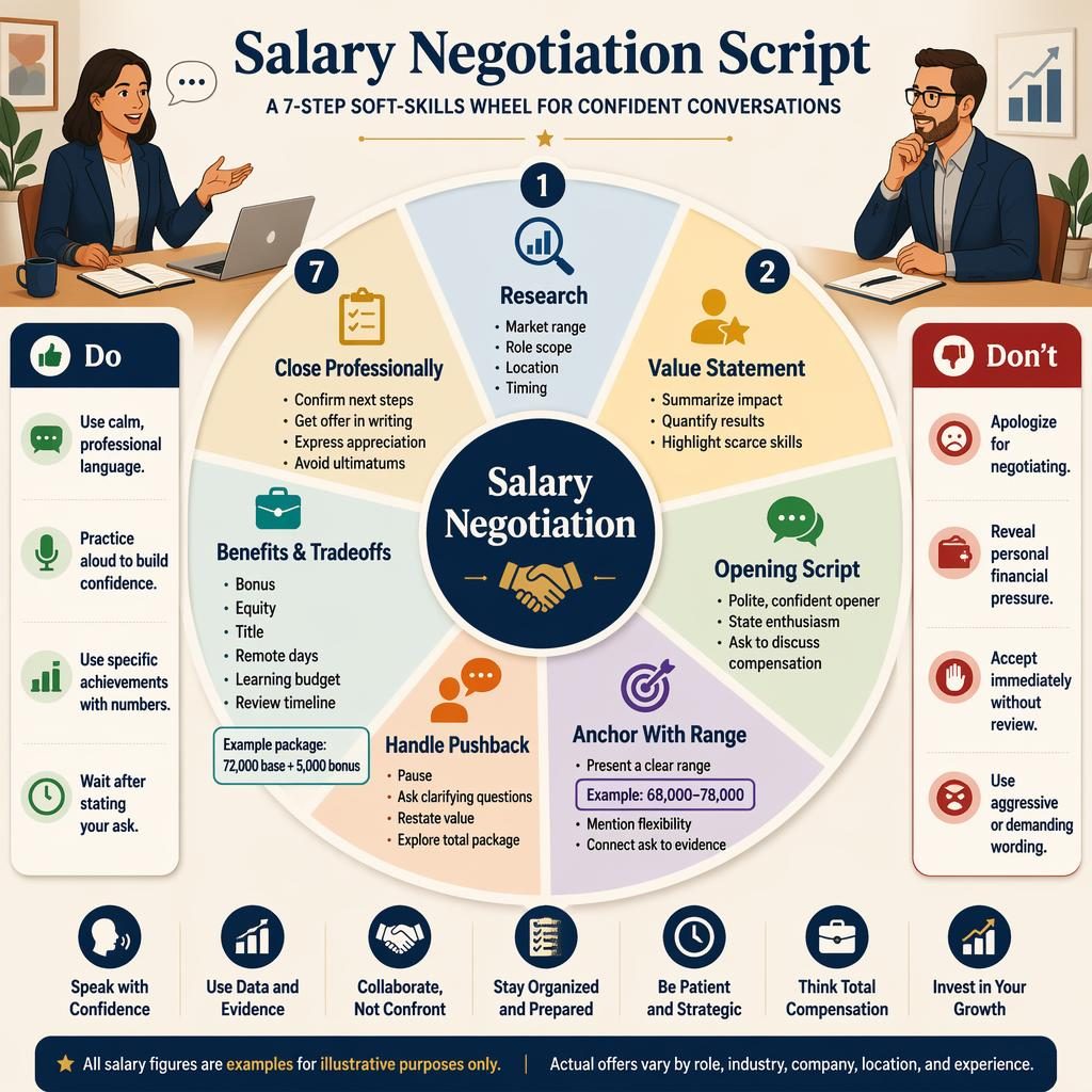 Warm navy and cream career infographic with a salary negotiation wheel, 7 labeled sections, do and don't panels, and icons.