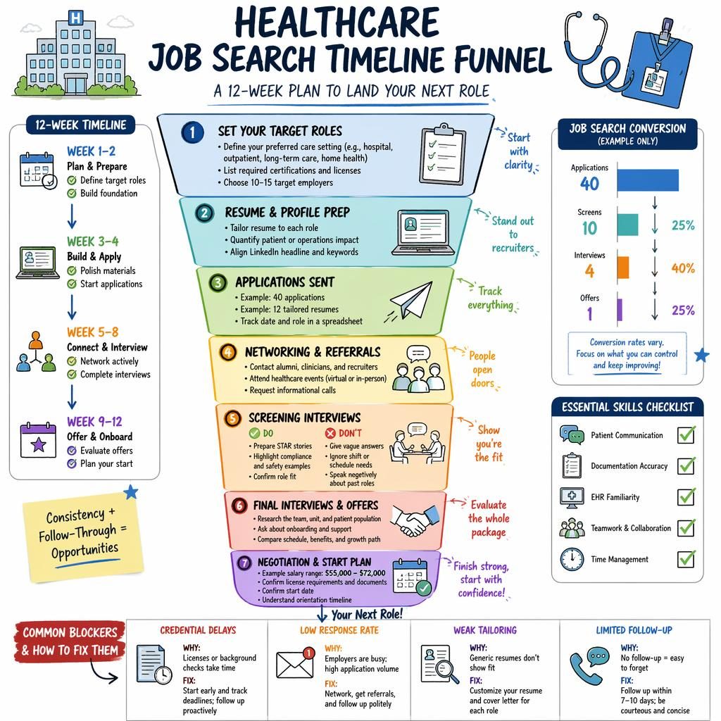 Sketchnote healthcare job search funnel infographic with 7 sections, week timeline, icons, chart, checklist, and blockers.