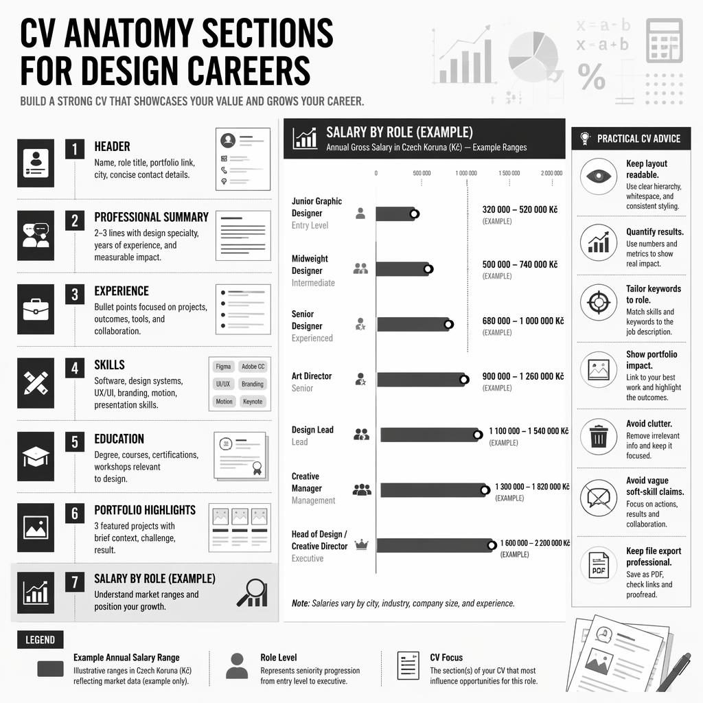 Monochrome infographic showing CV anatomy sections and example CZK salary bar chart for design careers with tips and legend.