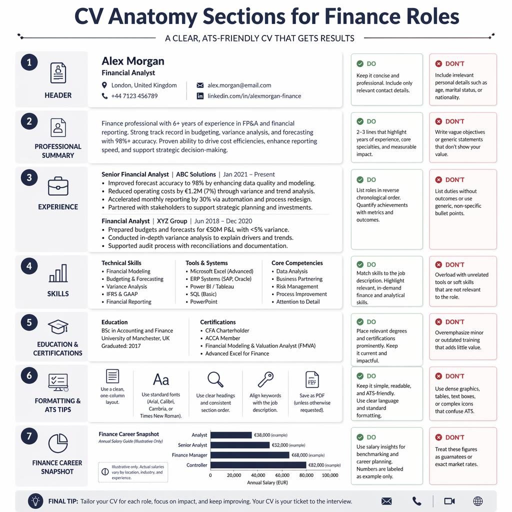 Monochrome CV anatomy infographic for finance roles with 7 labeled sections, do/don't callouts, and example salary bar chart.