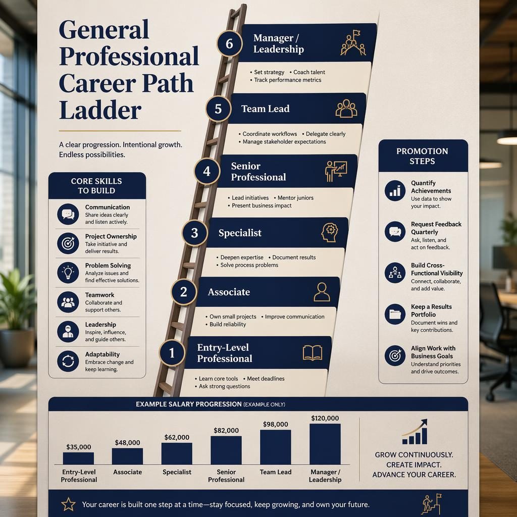 Photorealistic career poster showing a 6-stage professional ladder, side skill panels, icons, and example salary bar chart.