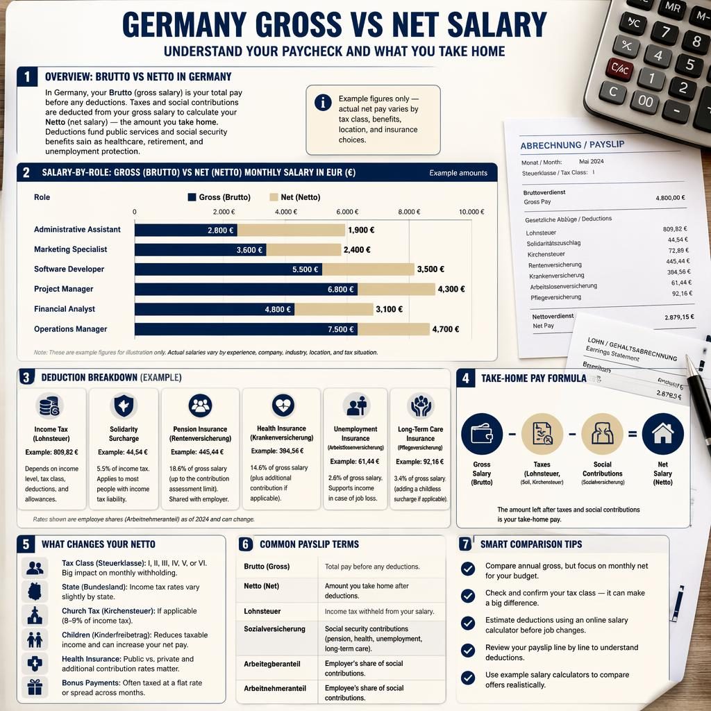 LinkedIn-Infografik zu brutto netto in Deutschland mit Balkendiagramm nach Beruf, Abzügen, Formel, Gehaltszettel und Rechner