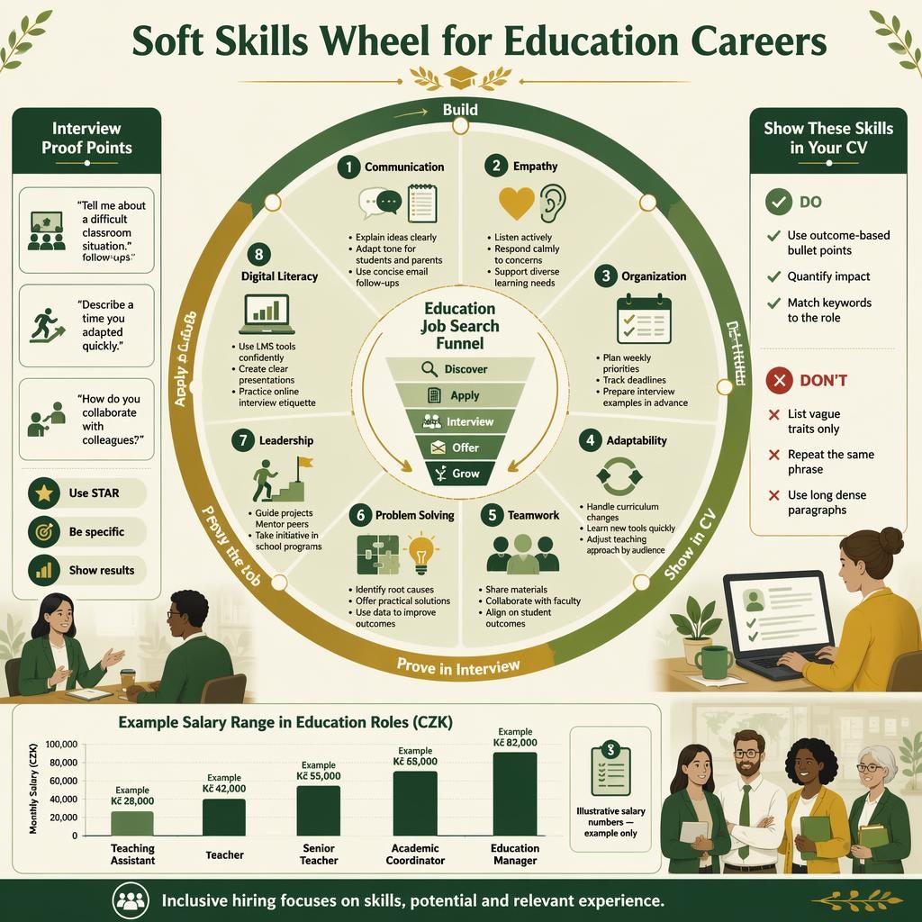 Infographic wheel for education careers with 8 soft skills, CV and interview panels, and example CZK salary bar chart.