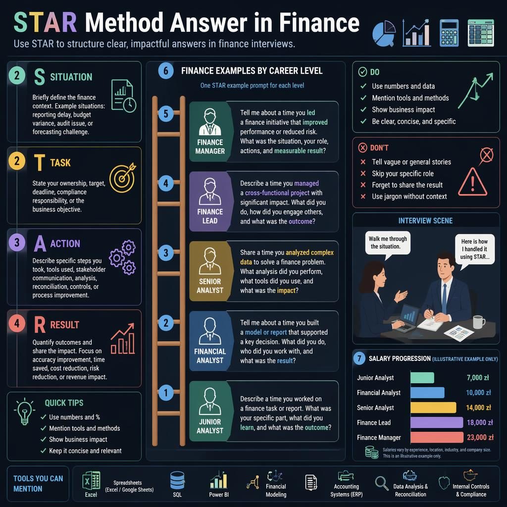 Finance career infographic with a vertical ladder, STAR method sections, UI panels, charts, icons, and example salary bars in PLN.