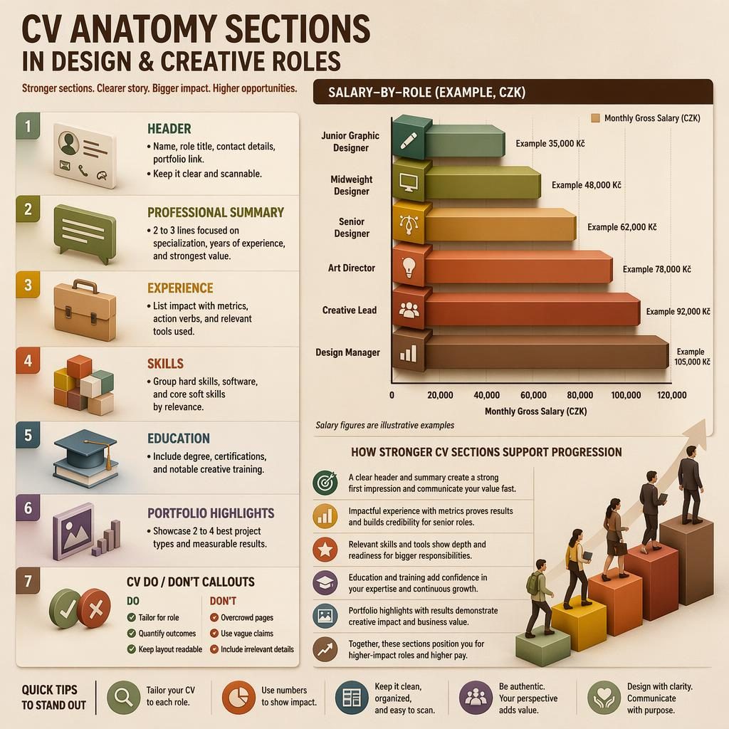 Isometric infographic with CV anatomy sections and a salary bar chart for design roles in CZK, warm earth editorial layout.