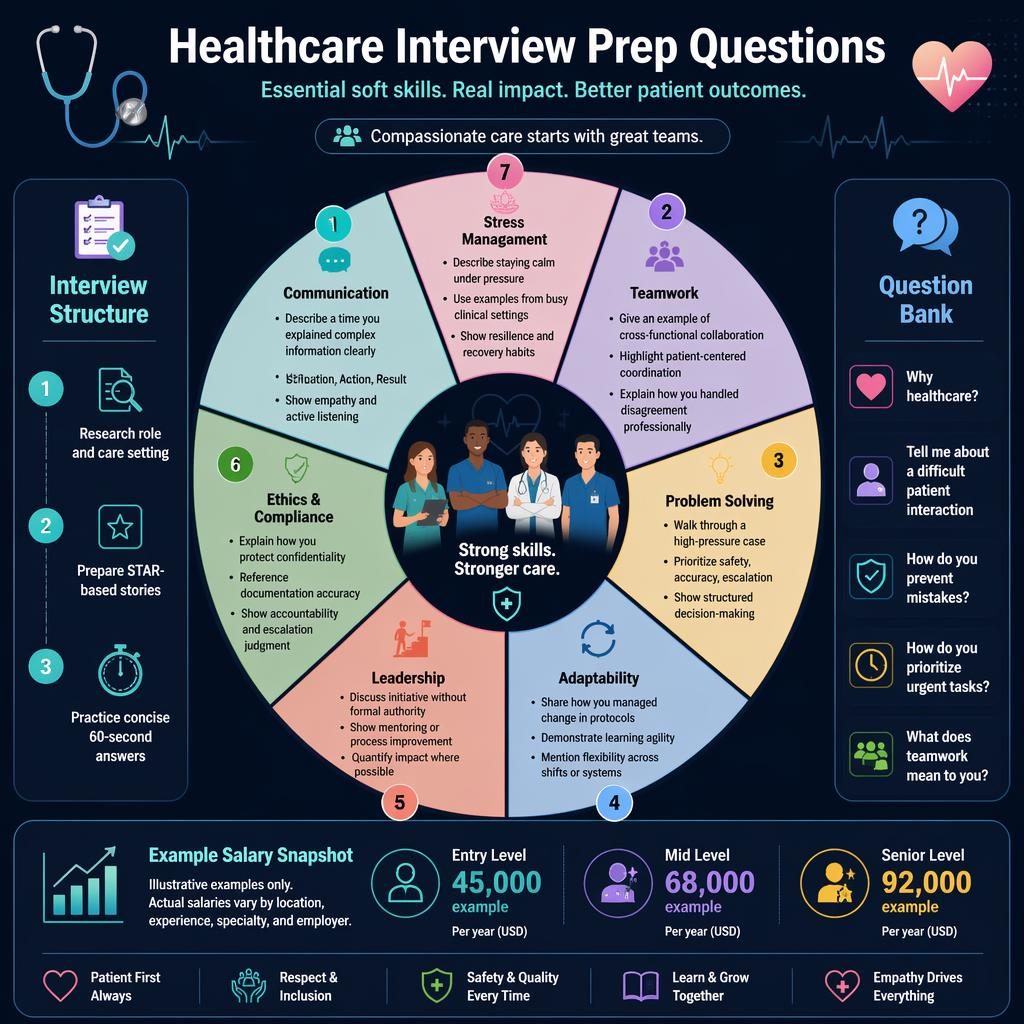Dark dashboard infographic with a 7-part healthcare interview prep wheel, side panels, icons, and example salary snapshot.