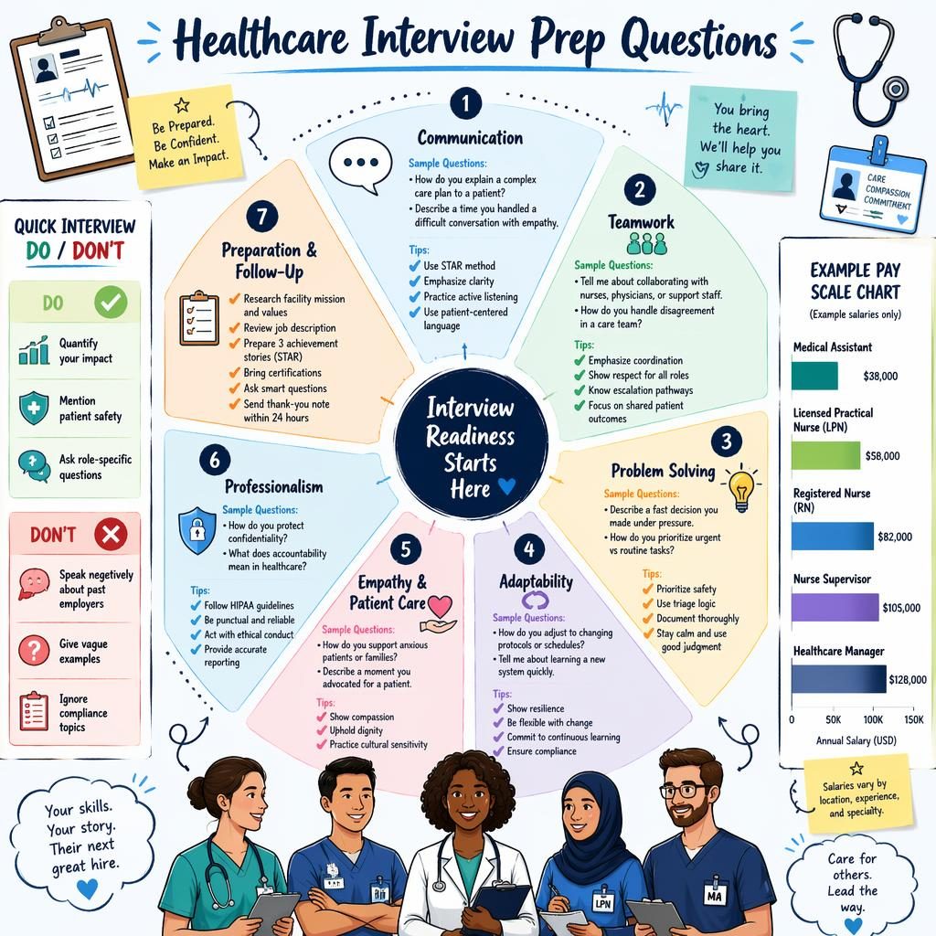 Sketchnote-style healthcare interview prep wheel infographic with 7 soft-skill sections, do and don't panel, and basic pay scale chart.