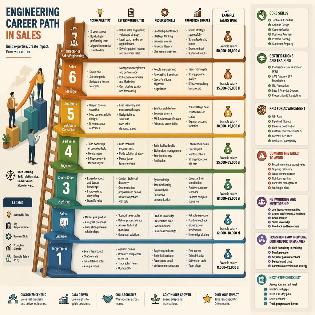Isometric 3D infographic shows a 7-step sales engineering career ladder with roles, tips, skills, promotion signals, and example PLN salaries.