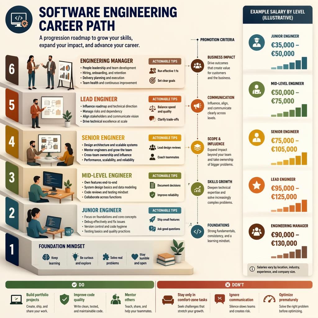 Infographie isométrique 3D d’un parcours en échelle pour software engineering, avec 7 niveaux, conseils et salaires EUR.