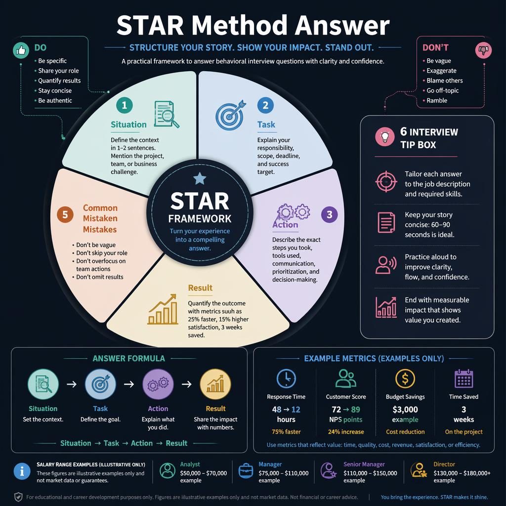 Tmavá kariérní infografika se středovým kolem STAR, 6 anglickými sekcemi, mini panely, ikonami a tipy do pohovoru.