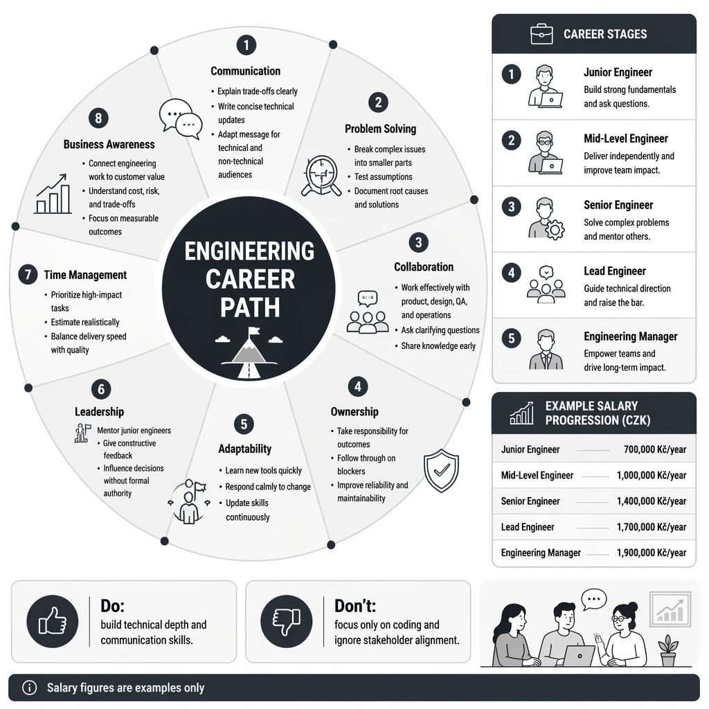 Monochrome engineering career path infographic with 8 soft-skills sections, career stages panel, and example CZK salary progression.