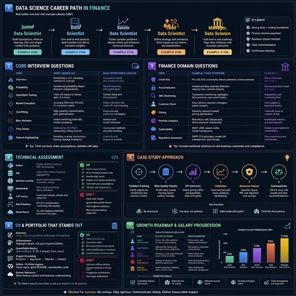 Infographie sombre en 7 cartes sur le parcours Data Science en finance, questions d’entretien, CV, portfolio et salaires GBP.