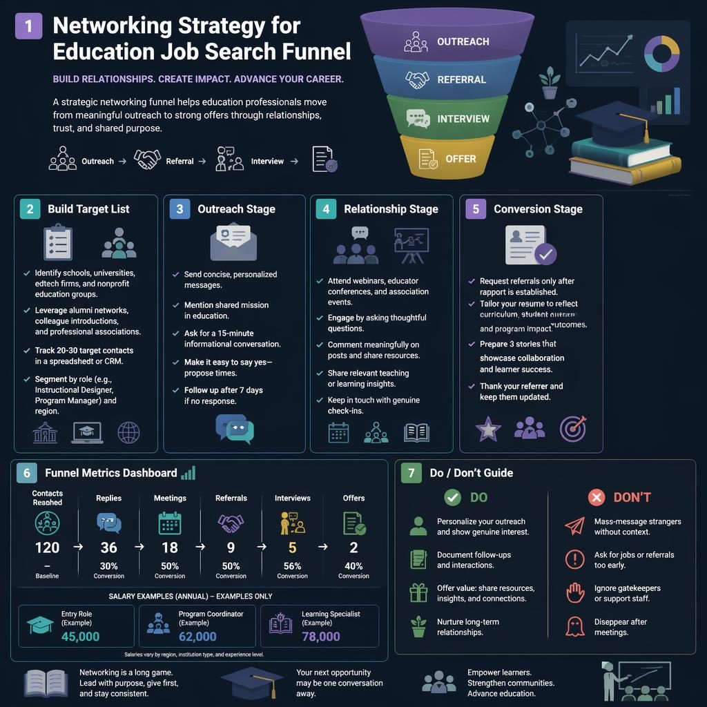 Dark dashboard infographic for education job search networking funnel with 7 English sections, metrics, icons, and example salaries.