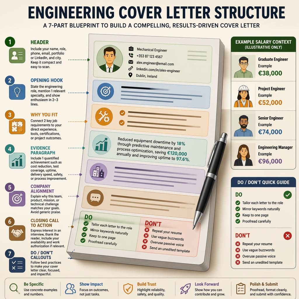 Isometric 3D career infographic showing 7 engineering cover letter sections, do and don't tips, and example salary panel.