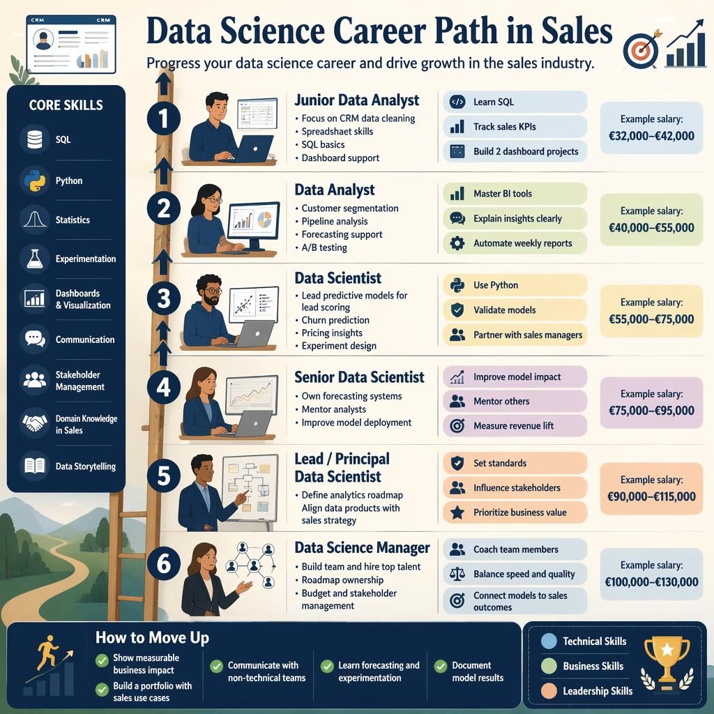 Infographie verticale en échelle sur les étapes de carrière data science dans la vente, style illustré marine et crème.