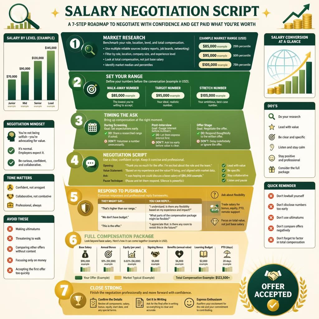 Green and gold career infographic showing a salary negotiation funnel, script tips, compensation bars, and wage conversion chart motif.