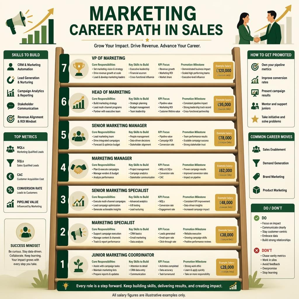 Vertical marketing career ladder infographic with 7 roles, EUR example salary badges, side tips panels, charts, arrows, and icons.