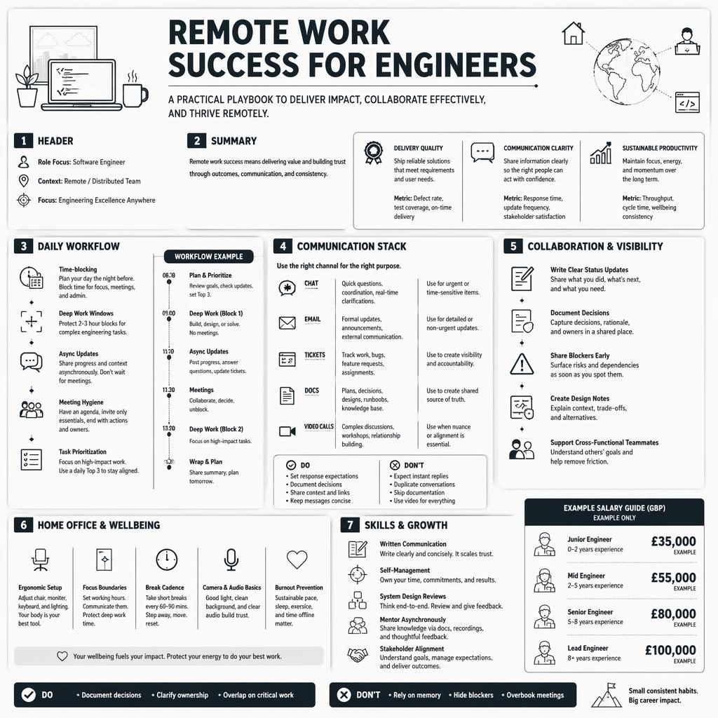 Monochrome engineering infographic with 7 remote-work sections, modern icons, do/don't tips, and example GBP salary panel.